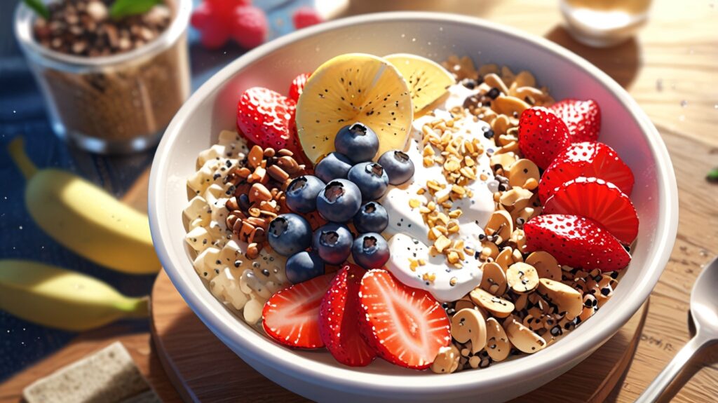 Illustrate a protein-packed smoothie bowl, featuring a blend of protein powder, frozen berries, and almond milk, topped with chia seeds, nuts, and sliced bananas for a quick, nutritious breakfast.