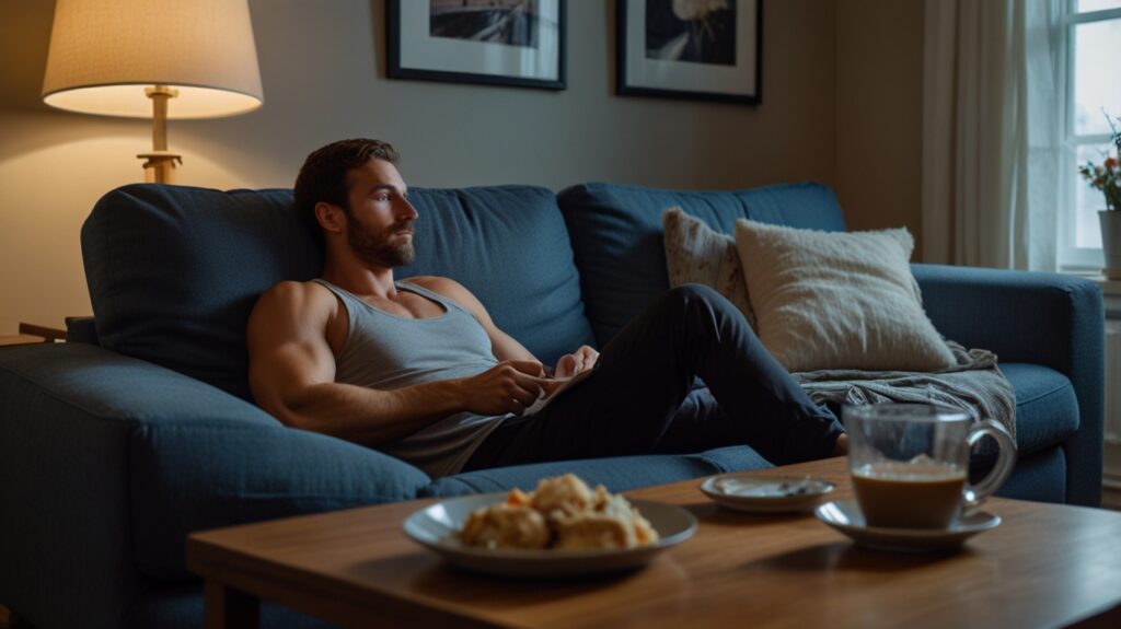 A relaxed evening scene showing an athlete resting on a couch, with an empty plate that once held a high-carb meal on the coffee table. , creating an ambiance of calm before the upcoming endurance challenge.