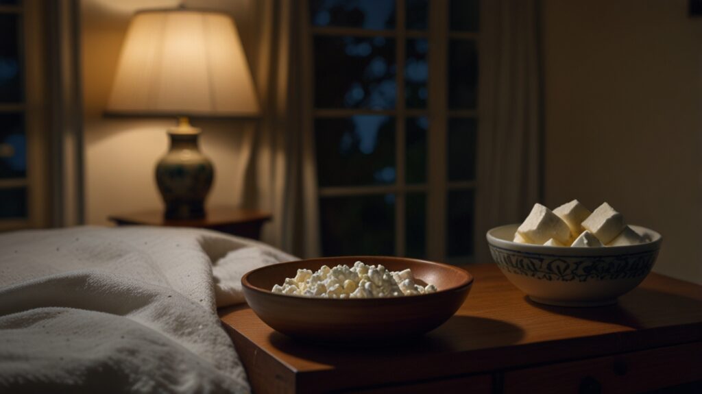 A serene nighttime scene showing a bedside table with a bowl of cottage cheese, a glass of milk, and a dimly lit lamp. The setting evokes a calm atmosphere, perfect for highlighting the concept of consuming slow-digesting proteins before sleep to support overnight muscle recovery.