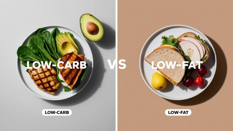 A split-screen image showing two distinct meal setups: one side featuring a typical low-carb meal (e.g., grilled chicken, avocado, and leafy greens) and the other side showcasing a low-fat meal (e.g., a turkey sandwich with whole-grain bread and fresh fruits). The background should be neutral, with clear labeling or visual cues indicating Low-Carb vs Low-Fat on each side. The overall style should be clean, bright, and appetizing, emphasizing the contrast between the two diets.