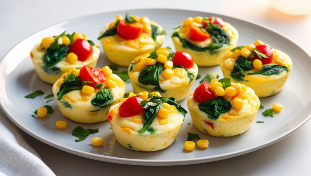 A vibrant and mouthwatering plate of freshly baked, fluffy egg white muffins overflowing with a colorful medley of sautéed vegetables, such as emerald green spinach, cherry red bell peppers, and golden yellow corn kernels, arranged in a harmonious pattern on a crisp, white ceramic plate, perfect for a quick, healthy, and protein-packed breakfast on-the-go, with the muffins glistening with a slight sheen and a sprinkle of chopped fresh parsley adding a pop of freshness, set against a clean, minimalist background that allows the vibrant colors of the muffins to take center stage, with soft, natural lighting that accentuates the textures of the muffins and vegetables, and a slight hint of morning sunlight casting a warm glow on the entire scene.