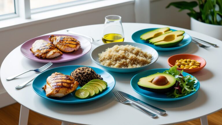 Balanced Meal with Macronutrients Focus: Create an image of a colorful and balanced meal spread on a clean, white table. The meal should include grilled chicken (protein), a serving of quinoa or brown rice (carbohydrates), and a side of avocado slices or a small salad with olive oil dressing (healthy fats). The setting is modern, with natural light streaming in from a window, highlighting the freshness of the food. The overall vibe should be clean, healthy, and inviting.