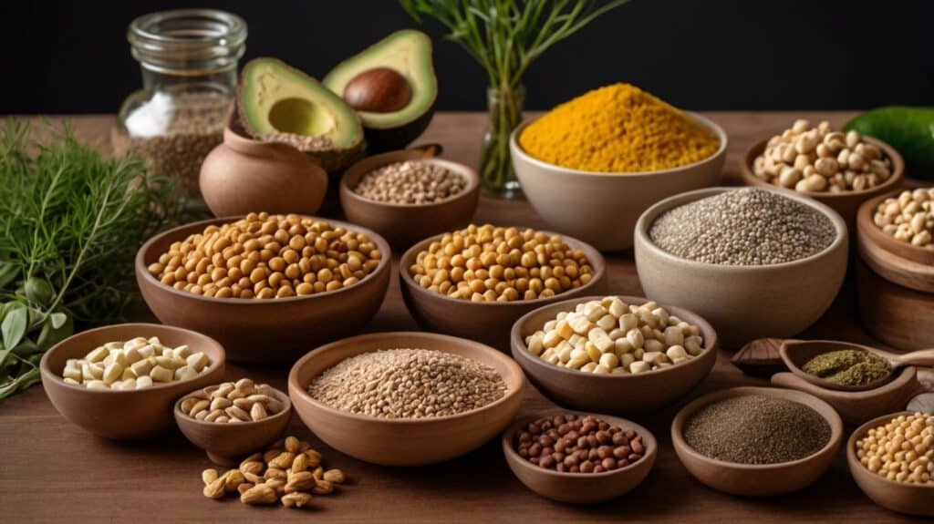 A close-up, aesthetically arranged display of various plant-based protein and fat sources on a kitchen counter. Display items include a bowl of lentils, chickpeas, cubes of firm tofu, a small dish of mixed nuts, sliced avocado, and a jar of chia seeds. The background is simple, allowing each ingredient’s texture and color to stand out and emphasize the variety in plant-based nutrition.